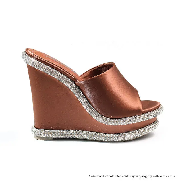 RHONA-47 PEEP TOE MULE WEDGE W/ RHINESTONE TRIM - BROWN
