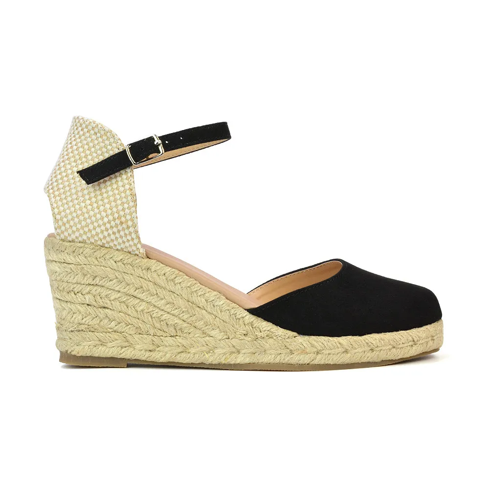 Rocky Closed Toe Strappy Espadrille Sandal Wedge Mid Heels in Nude