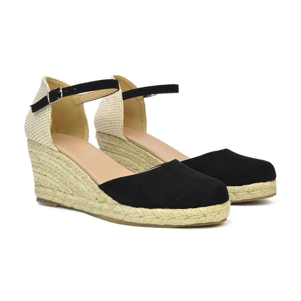 Rocky Closed Toe Strappy Espadrille Sandal Wedge Mid Heels in Nude