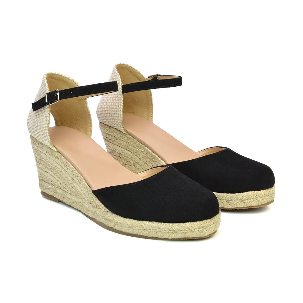 Rocky Closed Toe Strappy Espadrille Sandal Wedge Mid Heels in Nude