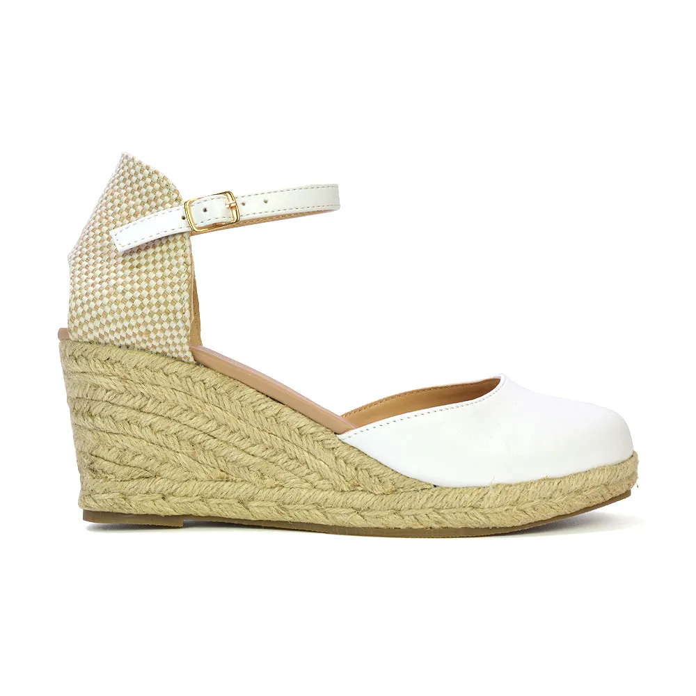 Rocky Closed Toe Strappy Espadrille Sandal Wedge Mid Heels in Nude