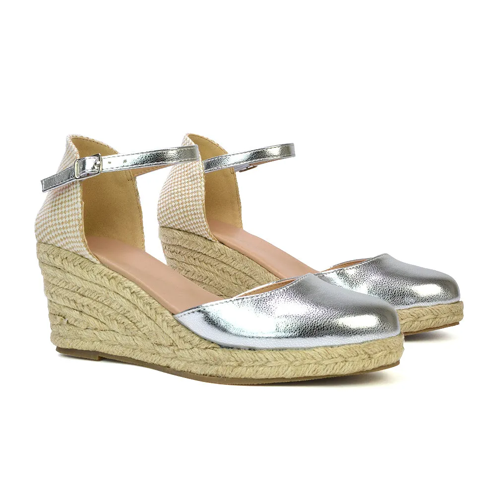 Rocky Closed Toe Strappy Espadrille Sandal Wedge Mid Heels in Nude