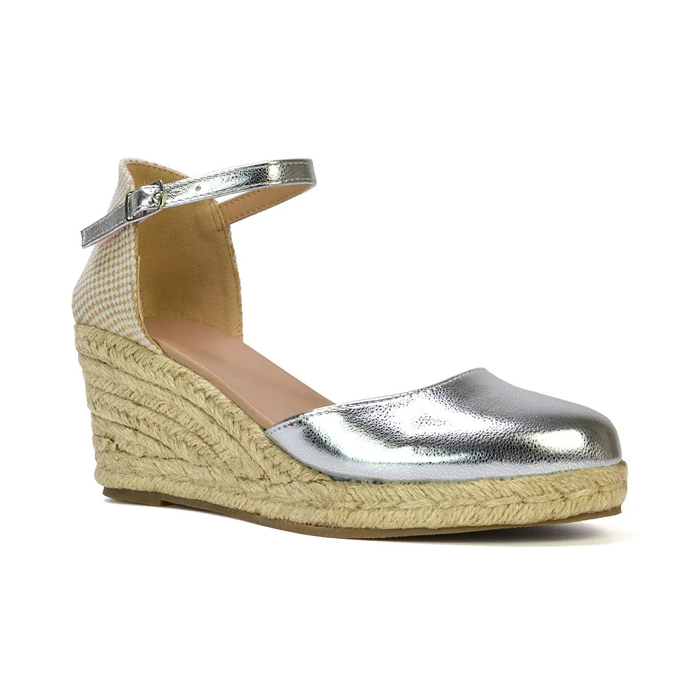 Rocky Closed Toe Strappy Espadrille Sandal Wedge Mid Heels in Nude