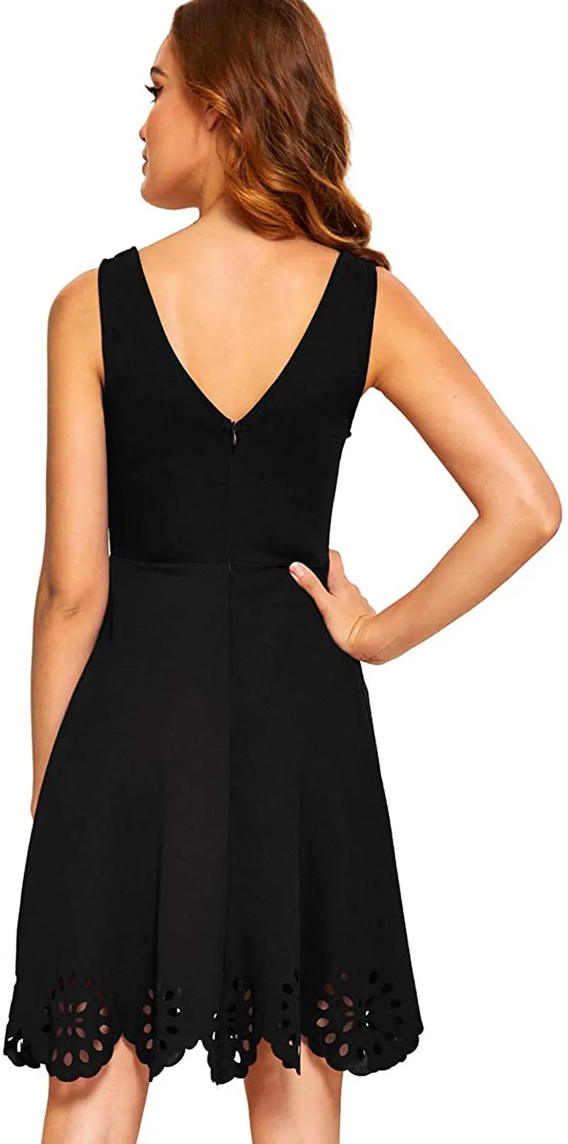 Romwe Women's A Line Swing Sleeveless Scalloped Flare Cocktail Party Dress