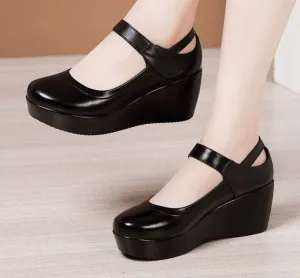 Round Toe Wedge Thick Bottom Leather Platform Mary Jane Shoes
