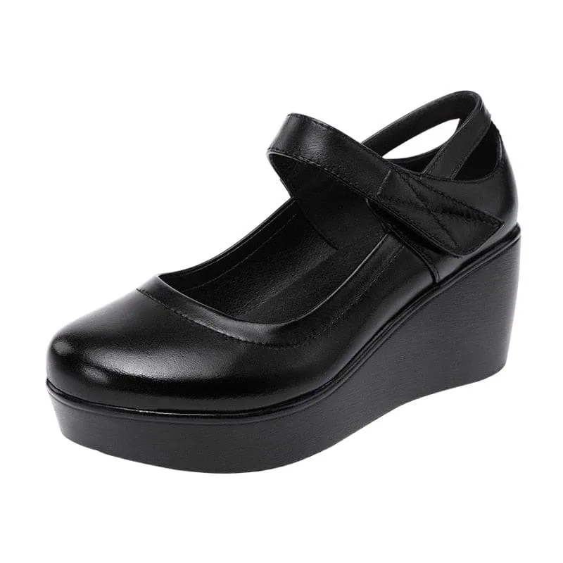 Round Toe Wedge Thick Bottom Leather Platform Mary Jane Shoes