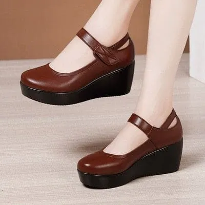 Round Toe Wedge Thick Bottom Leather Platform Mary Jane Shoes