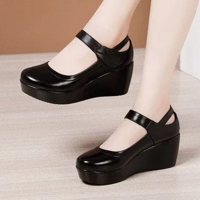 Round Toe Wedge Thick Bottom Leather Platform Mary Jane Shoes