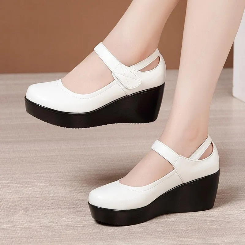 Round Toe Wedge Thick Bottom Leather Platform Mary Jane Shoes