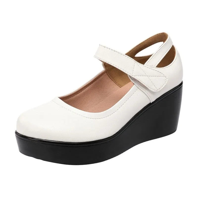 Round Toe Wedge Thick Bottom Leather Platform Mary Jane Shoes