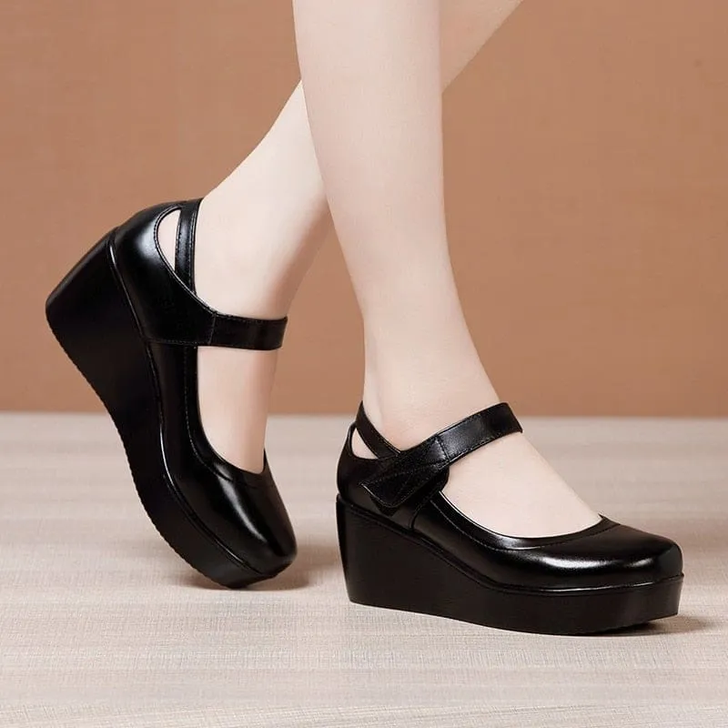 Round Toe Wedge Thick Bottom Leather Platform Mary Jane Shoes