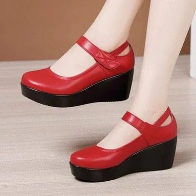 Round Toe Wedge Thick Bottom Leather Platform Mary Jane Shoes
