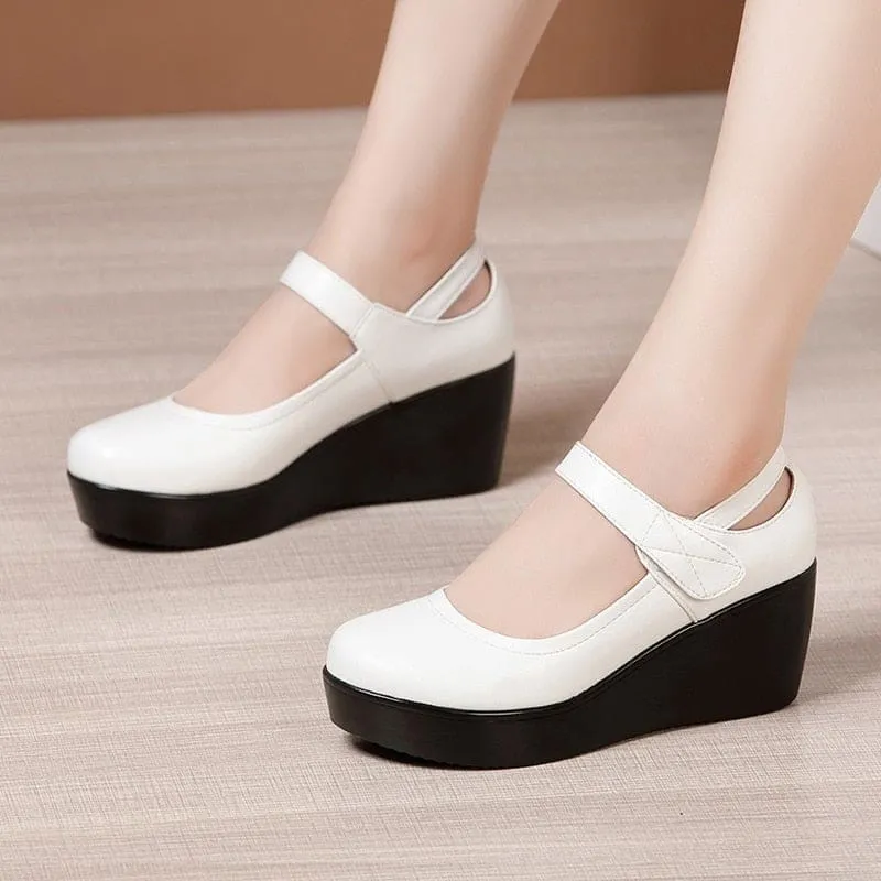 Round Toe Wedge Thick Bottom Leather Platform Mary Jane Shoes
