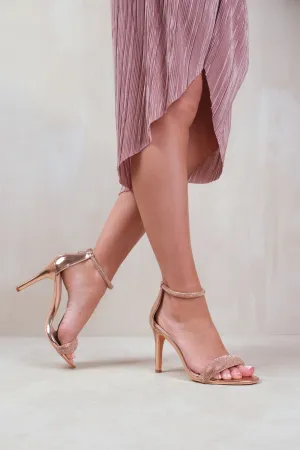 SABRA HIGH HEEL SANDALS WITH DIAMANTE ANKLE STRAP IN ROSE GOLD FAUX LEATHER