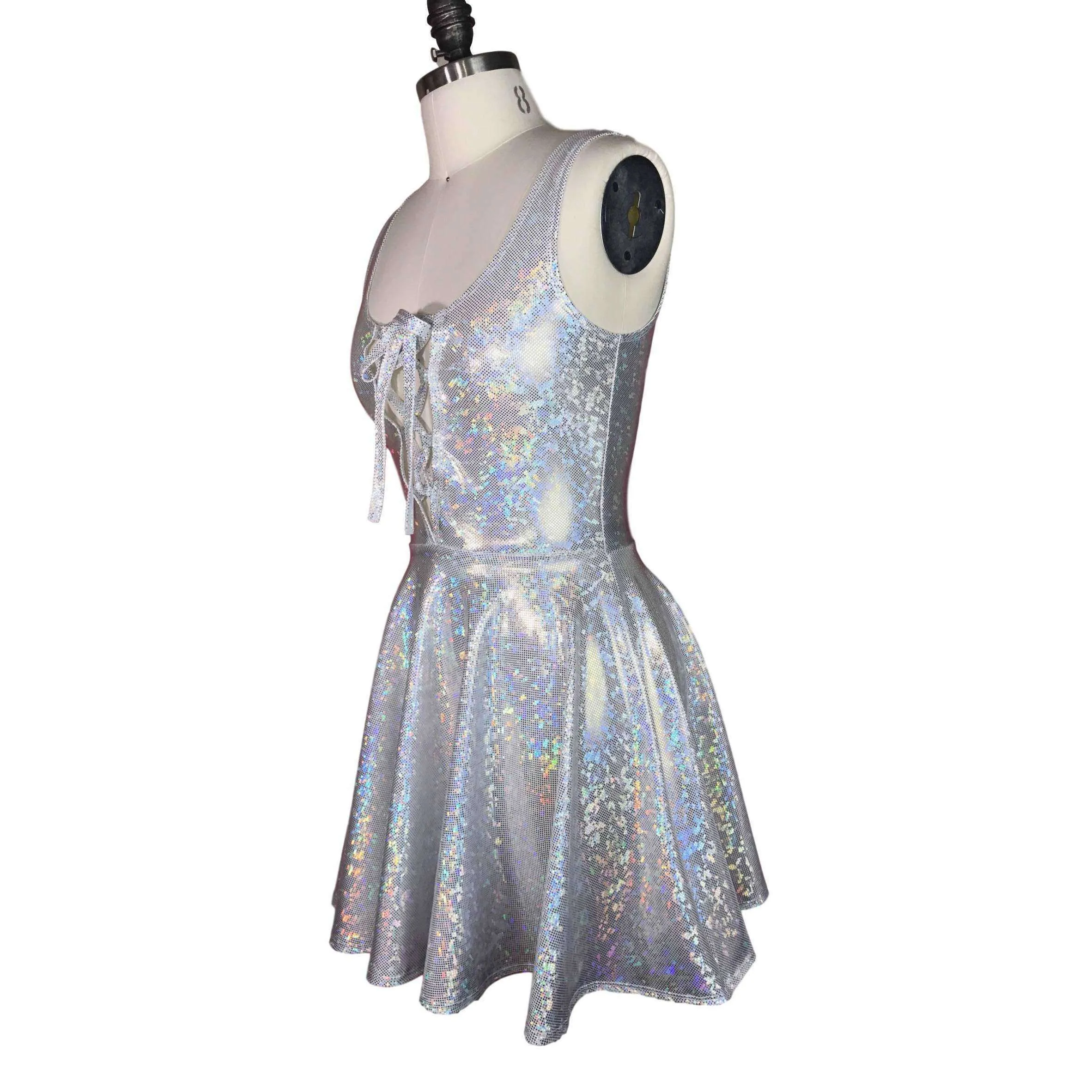 SALE - Lace-Up Silver Holographic Skater fit n flare Dress