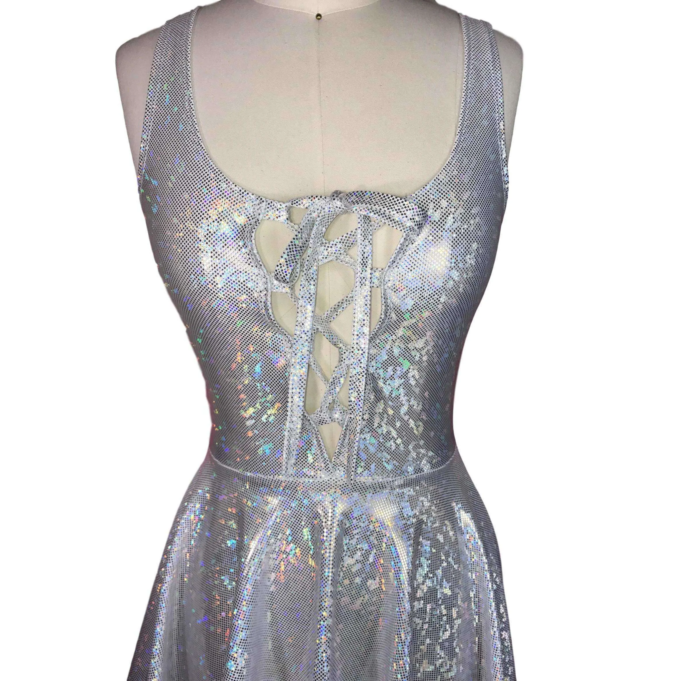 SALE - Lace-Up Silver Holographic Skater fit n flare Dress
