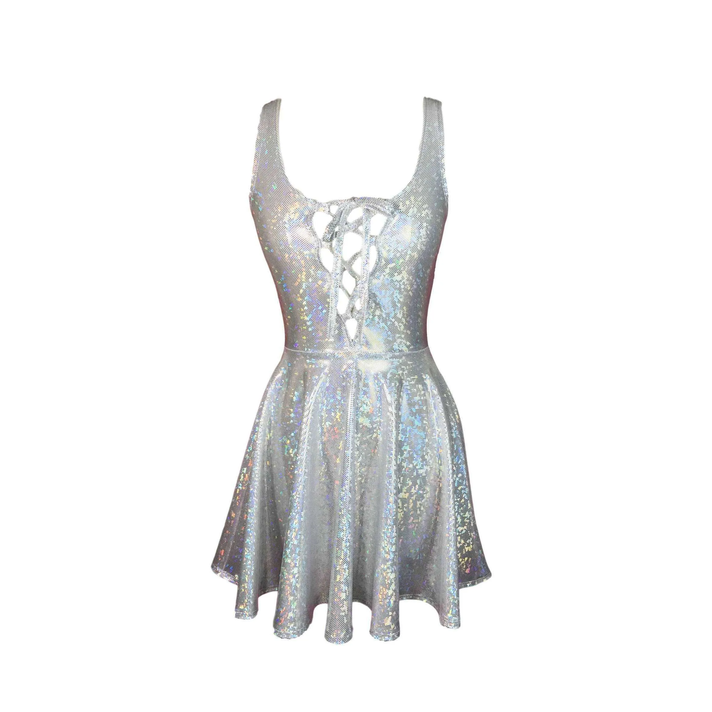SALE - Lace-Up Silver Holographic Skater fit n flare Dress