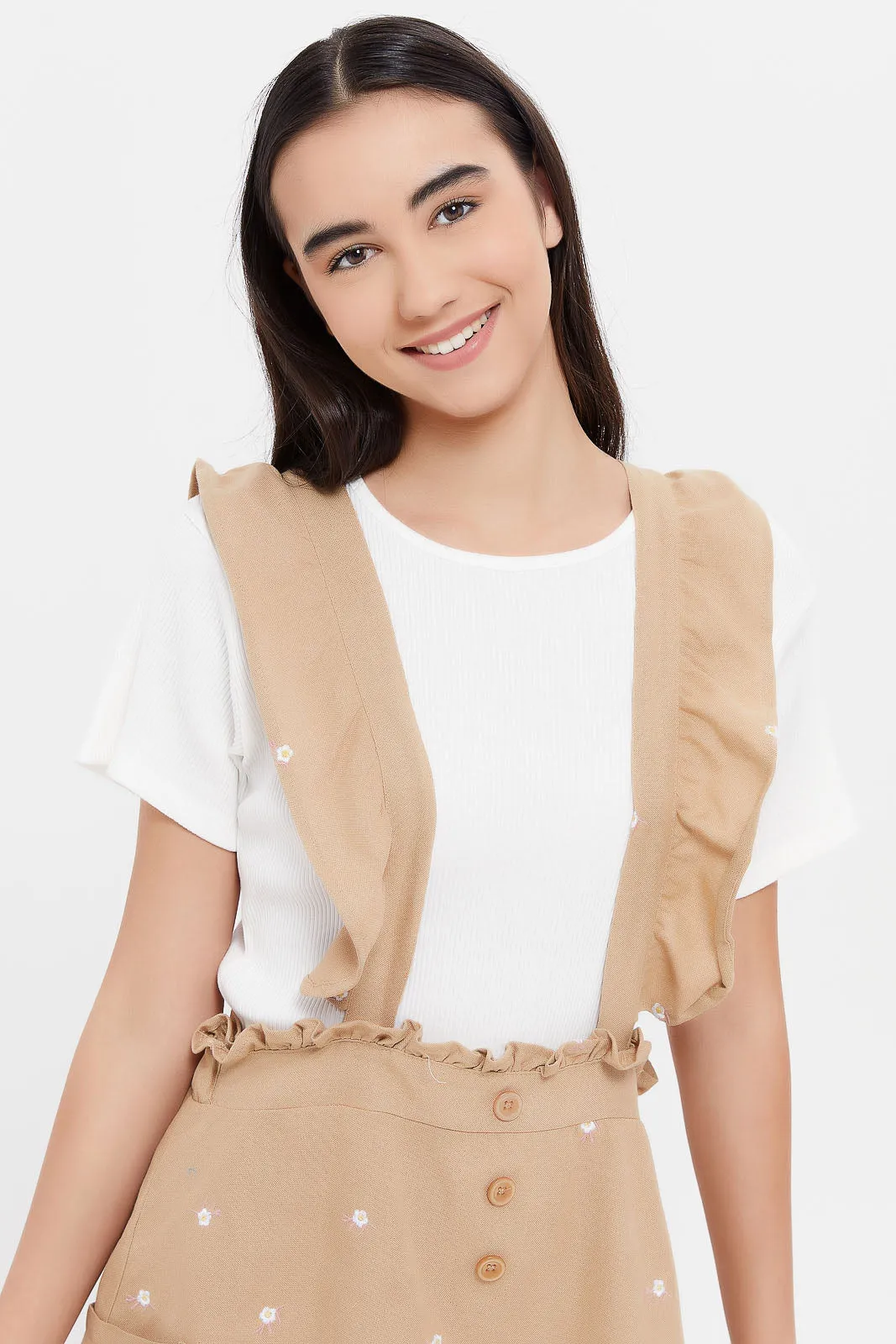 Senior Girls Beige And White Twofer Dress