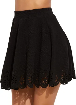 SheIn Women's Basic Solid Cutout Scallop Hem Flared Mini Skater Skirt