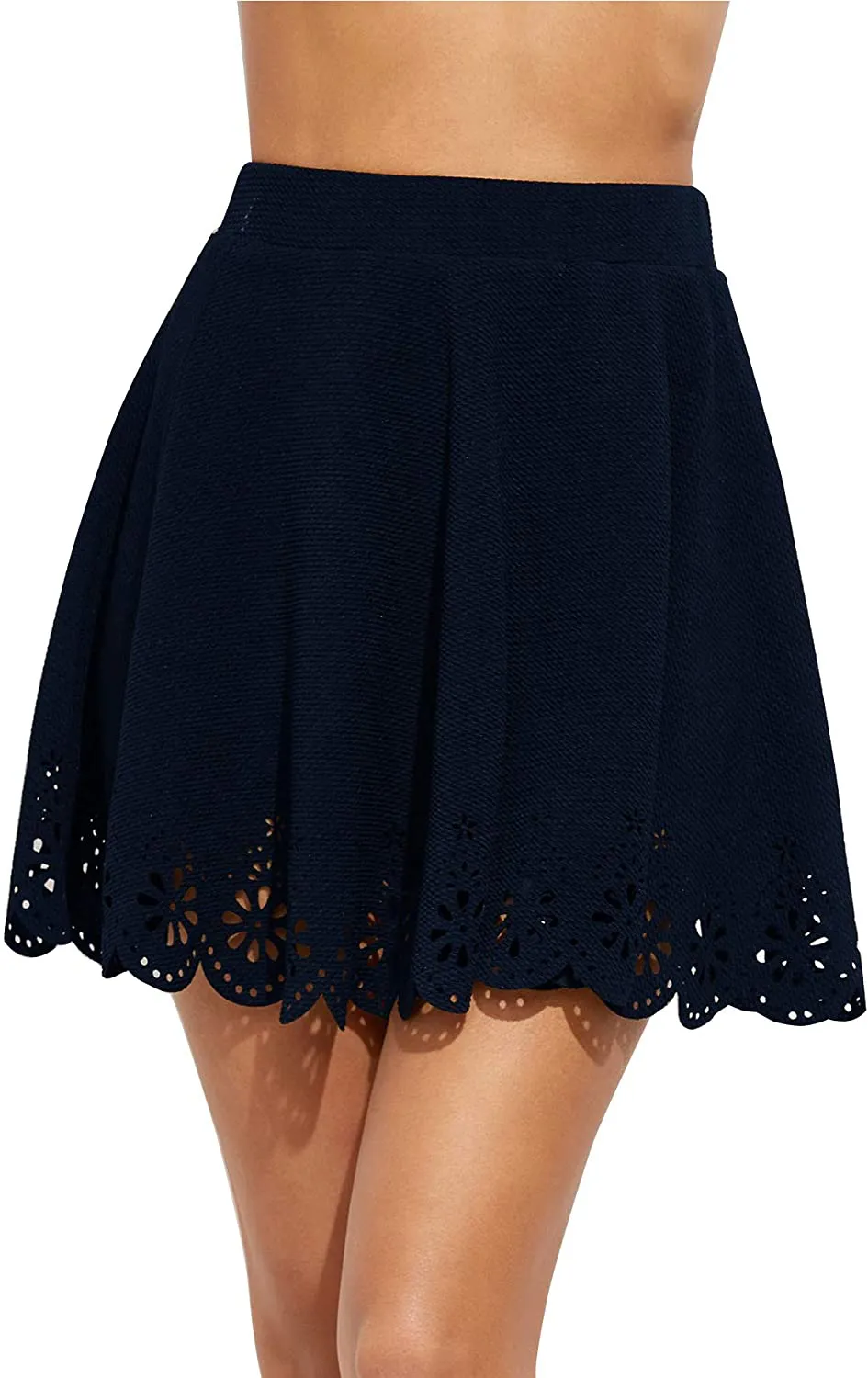 SheIn Women's Basic Solid Cutout Scallop Hem Flared Mini Skater Skirt