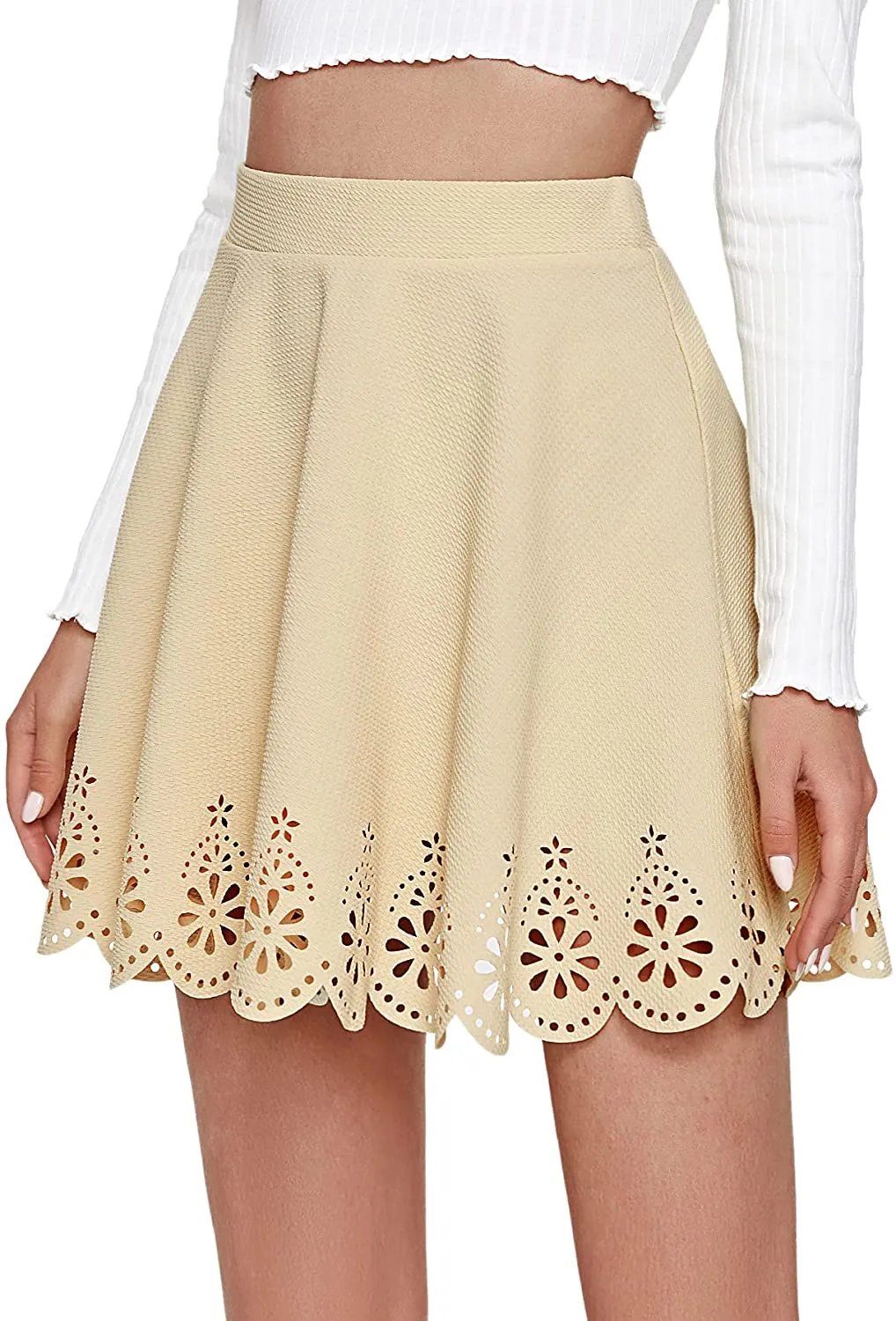 SheIn Women's Basic Solid Cutout Scallop Hem Flared Mini Skater Skirt