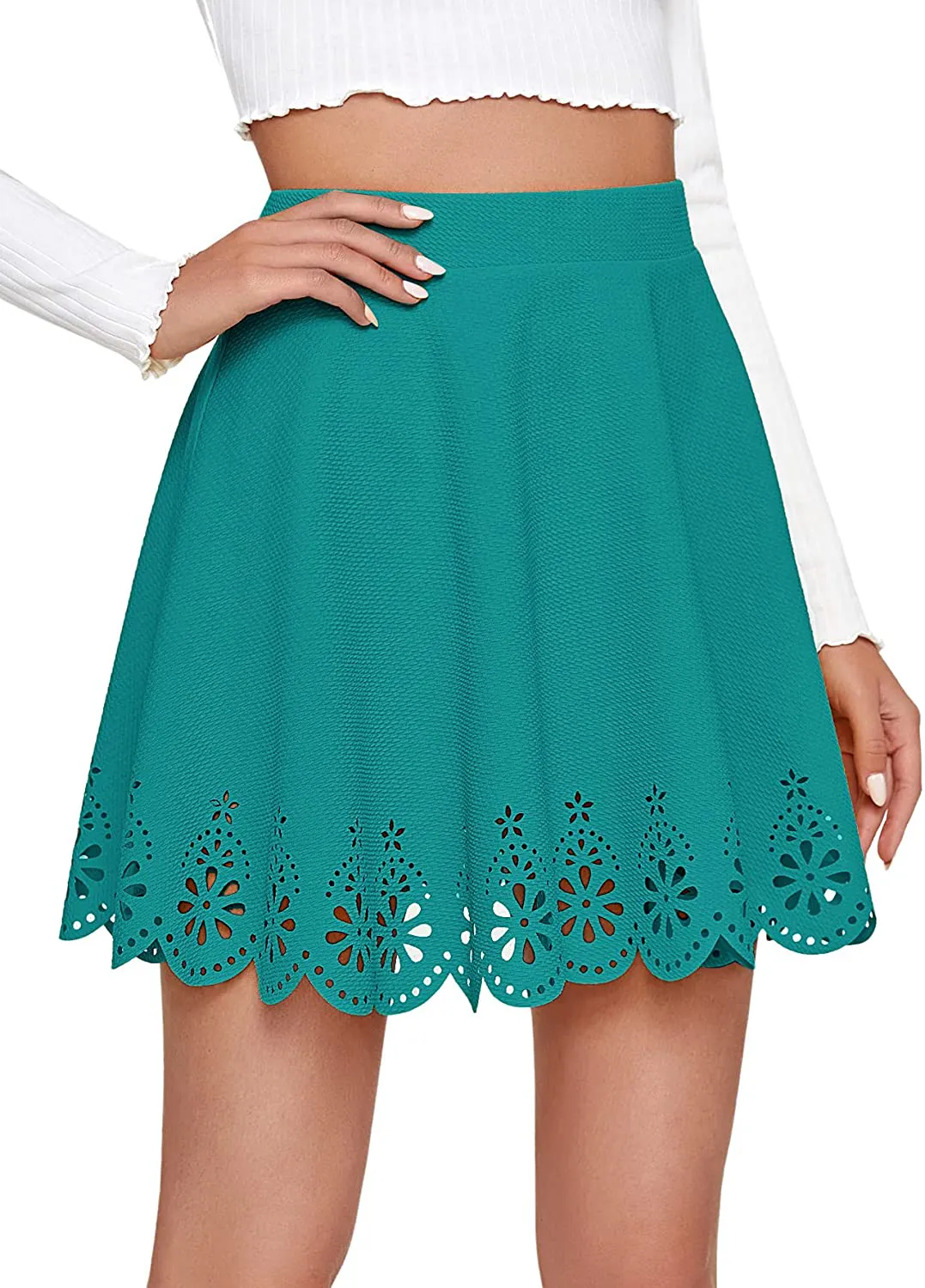 SheIn Women's Basic Solid Cutout Scallop Hem Flared Mini Skater Skirt