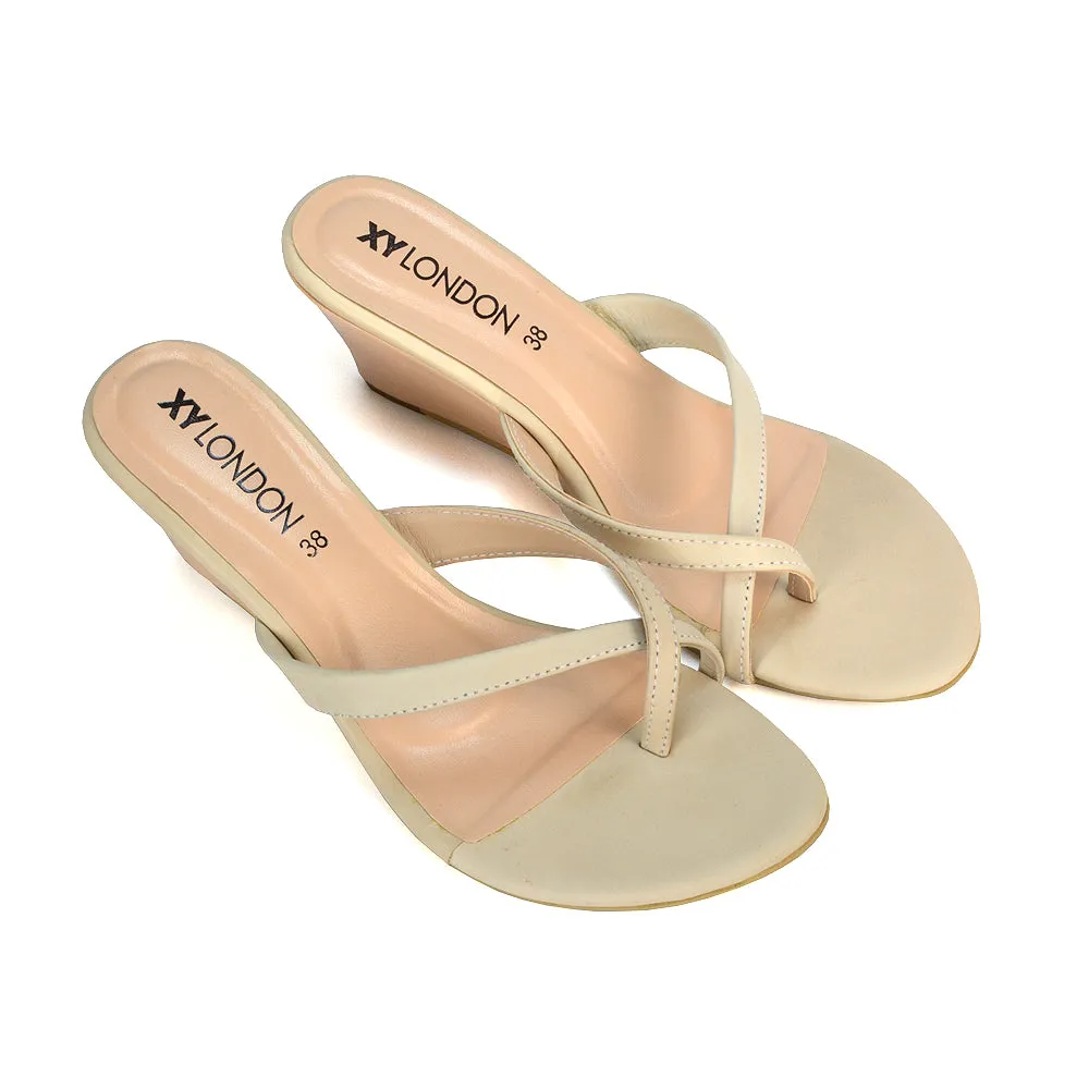 Shona Toe Post Slip On Low Wedge Heel Sandal Mules in Silver