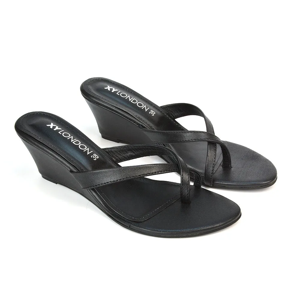 Shona Toe Post Slip On Low Wedge Heel Sandal Mules in Silver