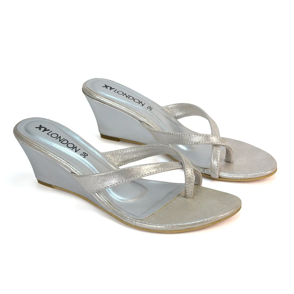 Shona Toe Post Slip On Low Wedge Heel Sandal Mules in Silver