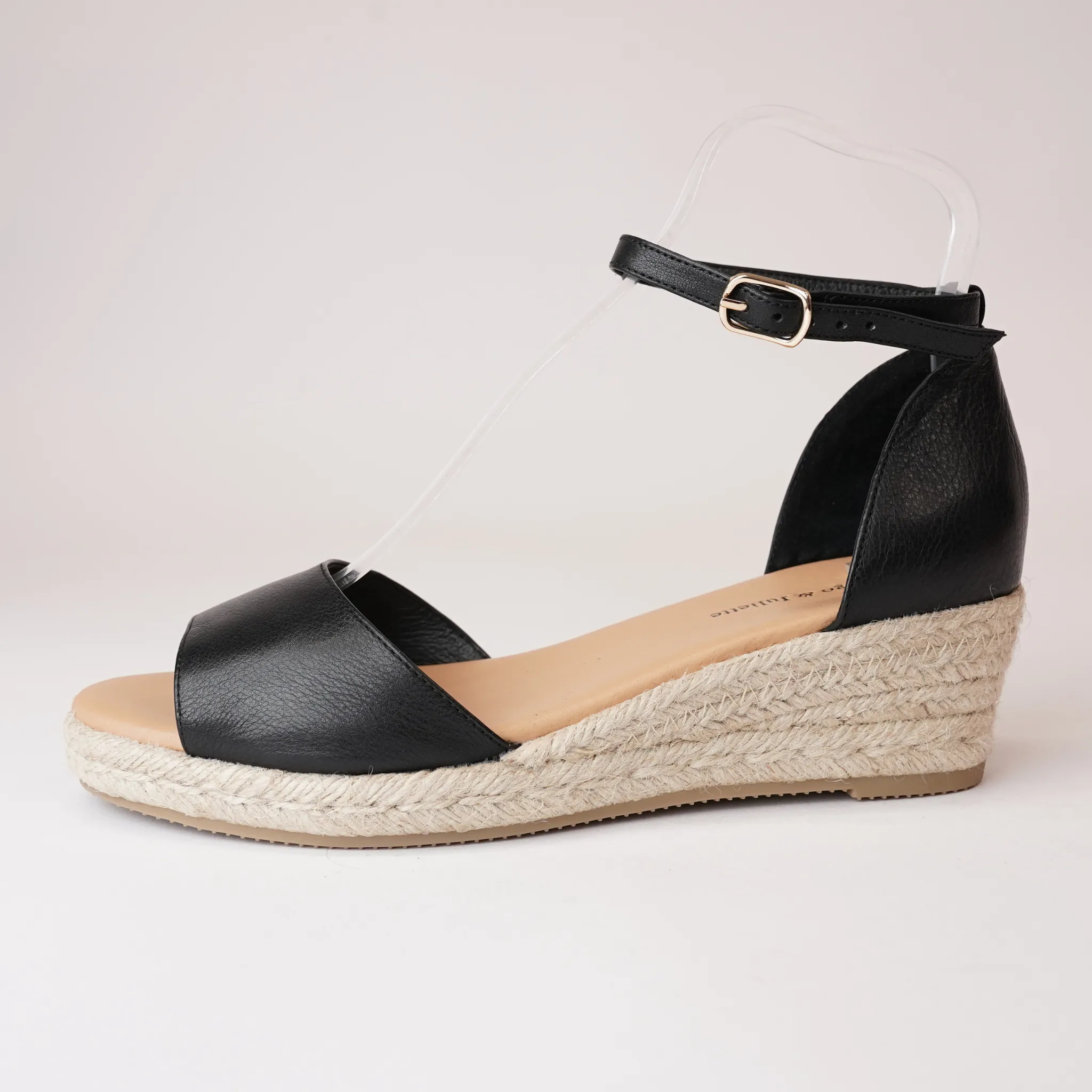 Skip Black Leather Espadrille Wedges