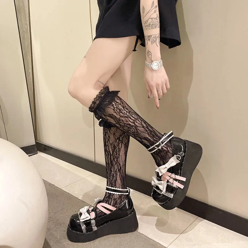 Sohiwoo Cute Bowtie Round Toe Mary Jane Shoes Women Autumn Patent Leather Chunky Platform Pumps Woman Ankle Straps Lolita Shoes