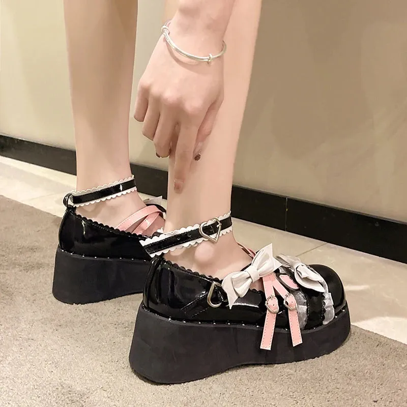 Sohiwoo Cute Bowtie Round Toe Mary Jane Shoes Women Autumn Patent Leather Chunky Platform Pumps Woman Ankle Straps Lolita Shoes
