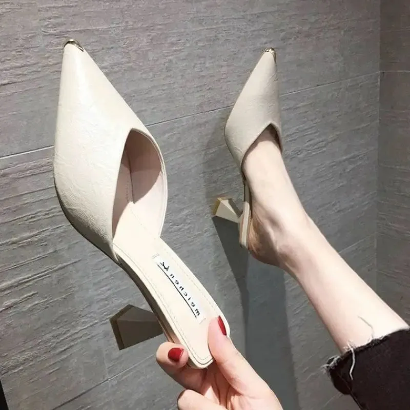 Sohiwoo Summer 2024 Black Slides Mules Women's Slippers and Ladies Sandals High Up To 5cm Heel Shoes Job Leather on Promotion Footwear F