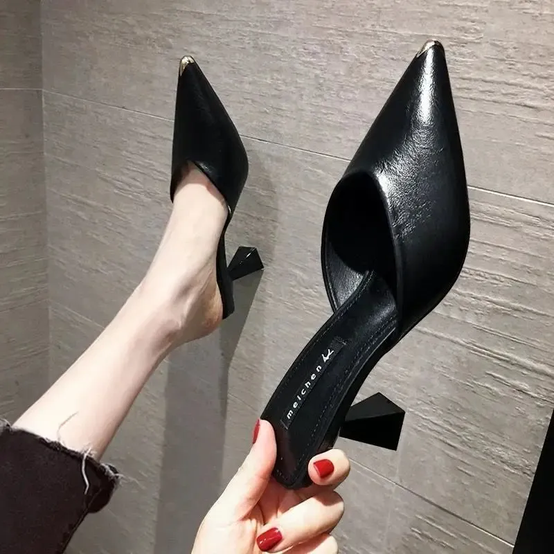 Sohiwoo Summer 2024 Black Slides Mules Women's Slippers and Ladies Sandals High Up To 5cm Heel Shoes Job Leather on Promotion Footwear F