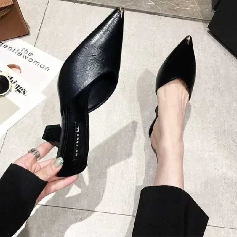 Sohiwoo Summer 2024 Black Slides Mules Women's Slippers and Ladies Sandals High Up To 5cm Heel Shoes Job Leather on Promotion Footwear F