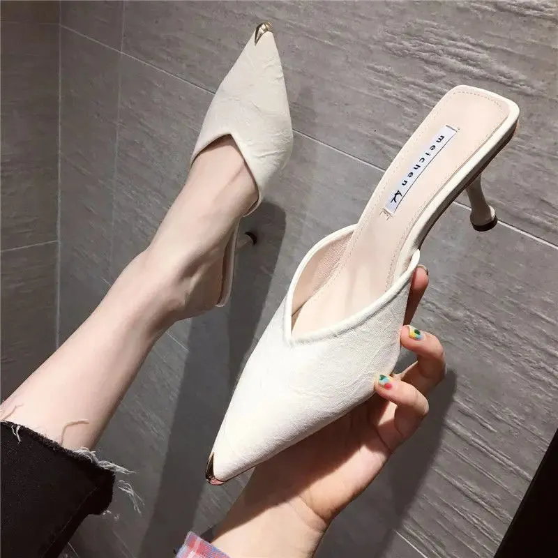 Sohiwoo Summer 2024 Black Slides Mules Women's Slippers and Ladies Sandals High Up To 5cm Heel Shoes Job Leather on Promotion Footwear F
