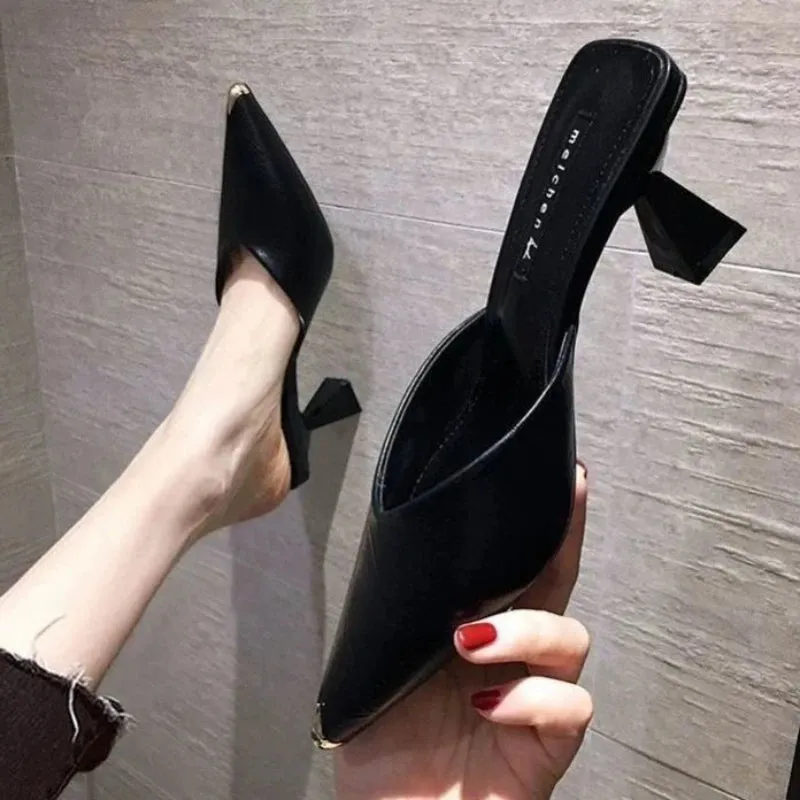 Sohiwoo Summer 2024 Black Slides Mules Women's Slippers and Ladies Sandals High Up To 5cm Heel Shoes Job Leather on Promotion Footwear F