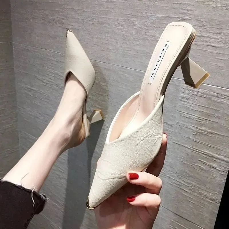 Sohiwoo Summer 2024 Black Slides Mules Women's Slippers and Ladies Sandals High Up To 5cm Heel Shoes Job Leather on Promotion Footwear F