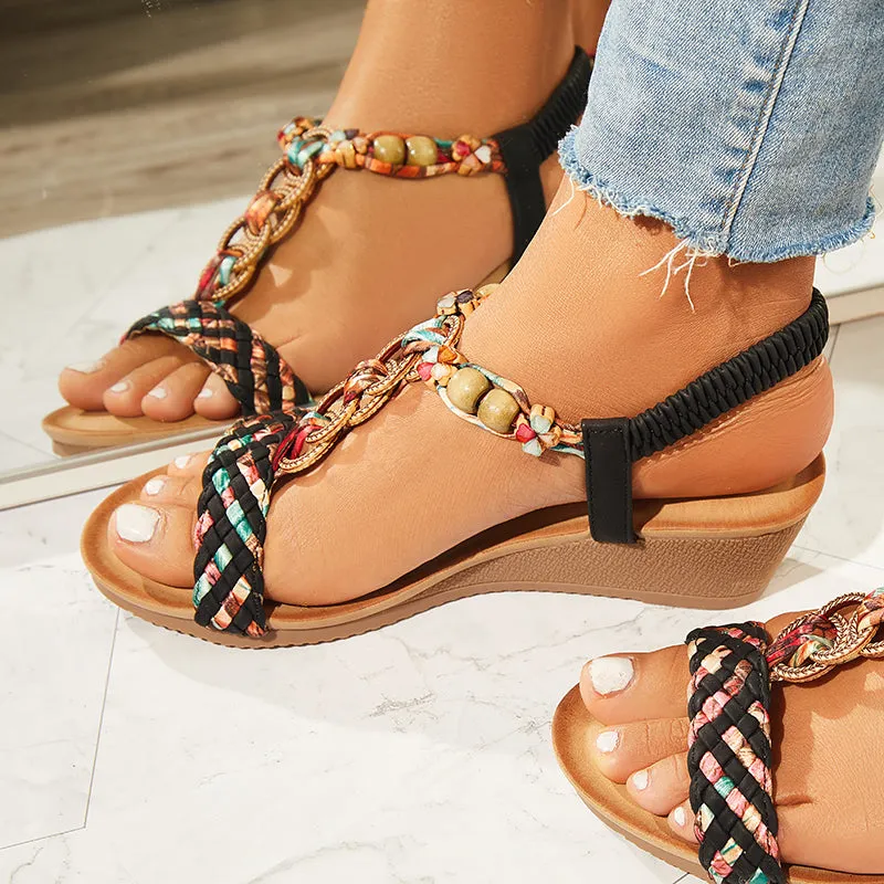 Sohiwoo Women Boho Low Wedge Heels Elastic Ankle Strap Dress Sandals