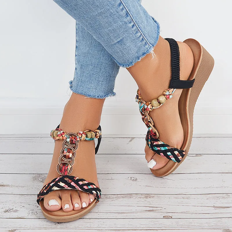 Sohiwoo Women Boho Low Wedge Heels Elastic Ankle Strap Dress Sandals
