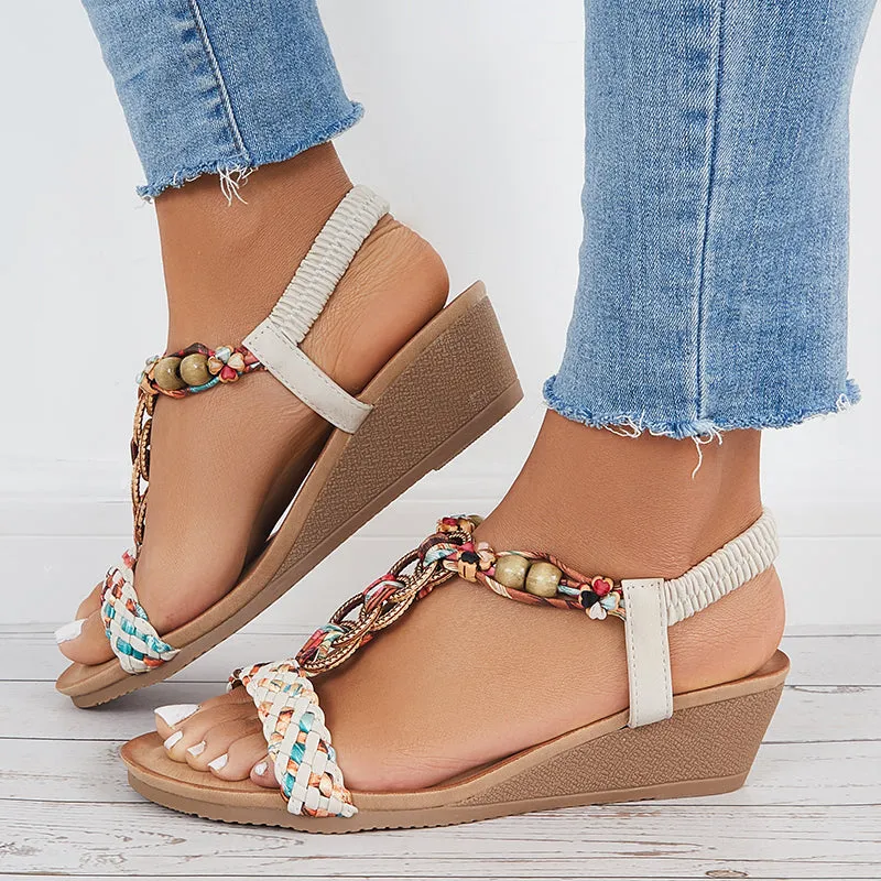 Sohiwoo Women Boho Low Wedge Heels Elastic Ankle Strap Dress Sandals