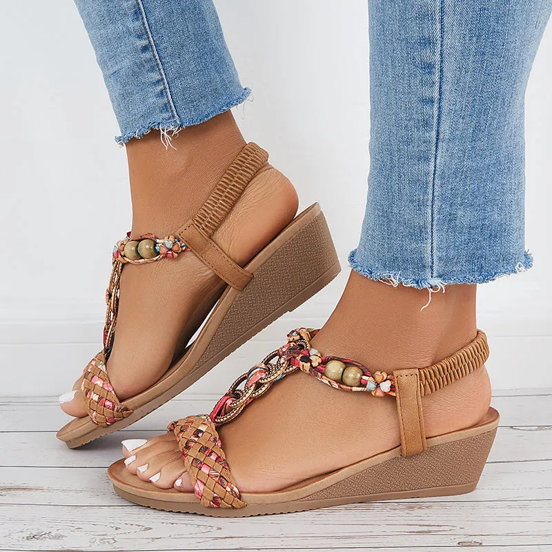 Sohiwoo Women Boho Low Wedge Heels Elastic Ankle Strap Dress Sandals