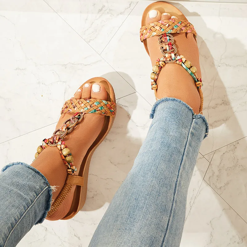 Sohiwoo Women Boho Low Wedge Heels Elastic Ankle Strap Dress Sandals