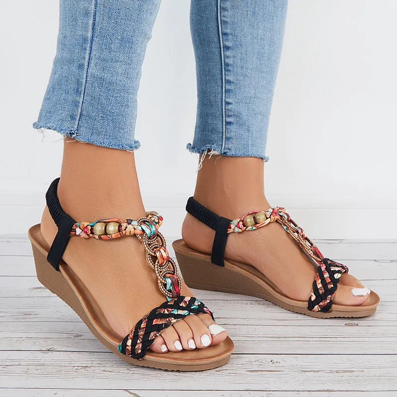 Sohiwoo Women Boho Low Wedge Heels Elastic Ankle Strap Dress Sandals