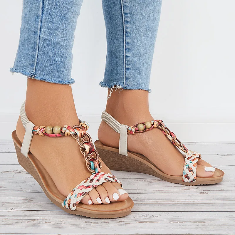 Sohiwoo Women Boho Low Wedge Heels Elastic Ankle Strap Dress Sandals