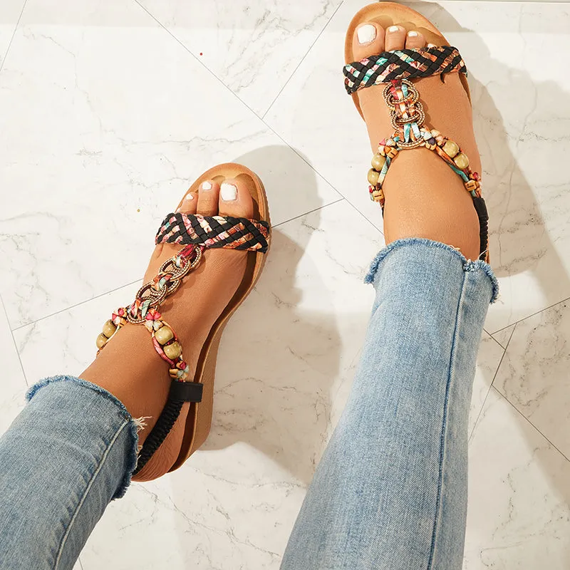 Sohiwoo Women Boho Low Wedge Heels Elastic Ankle Strap Dress Sandals