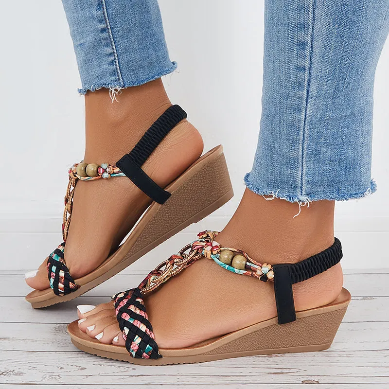 Sohiwoo Women Boho Low Wedge Heels Elastic Ankle Strap Dress Sandals
