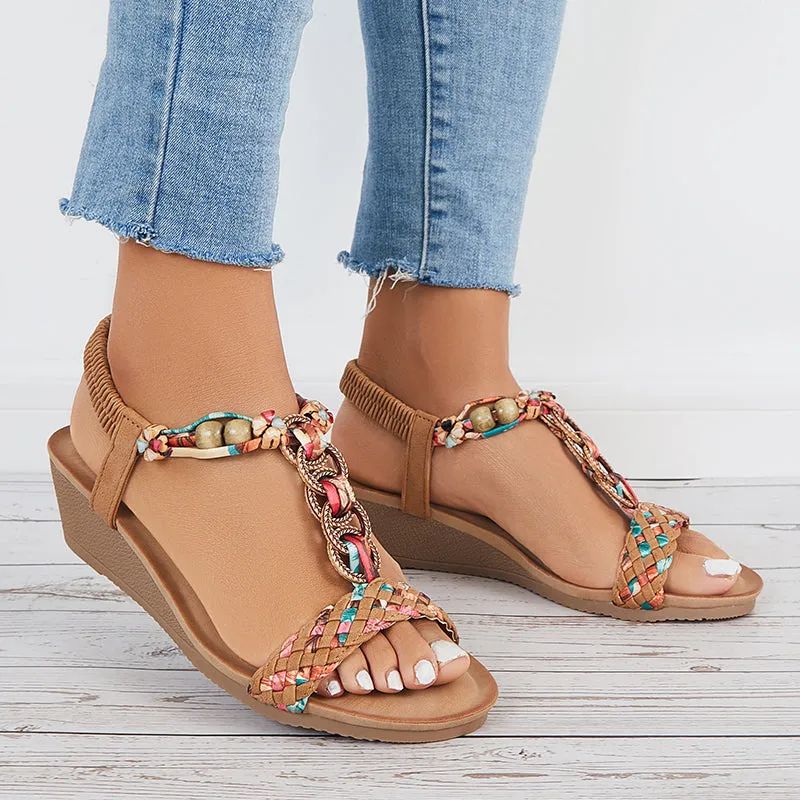 Sohiwoo Women Boho Low Wedge Heels Elastic Ankle Strap Dress Sandals