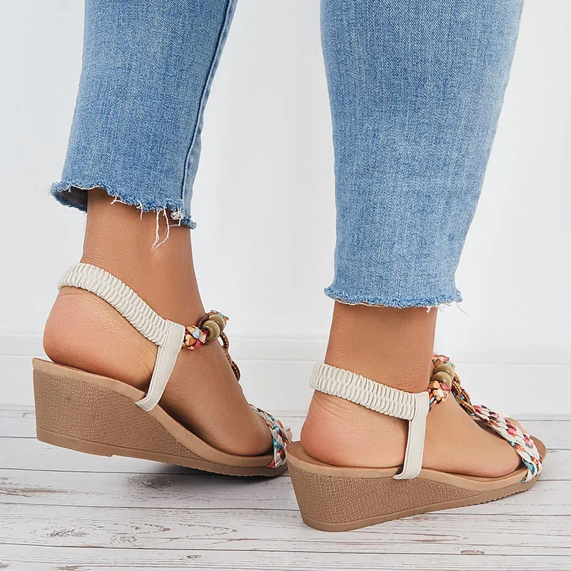 Sohiwoo Women Boho Low Wedge Heels Elastic Ankle Strap Dress Sandals