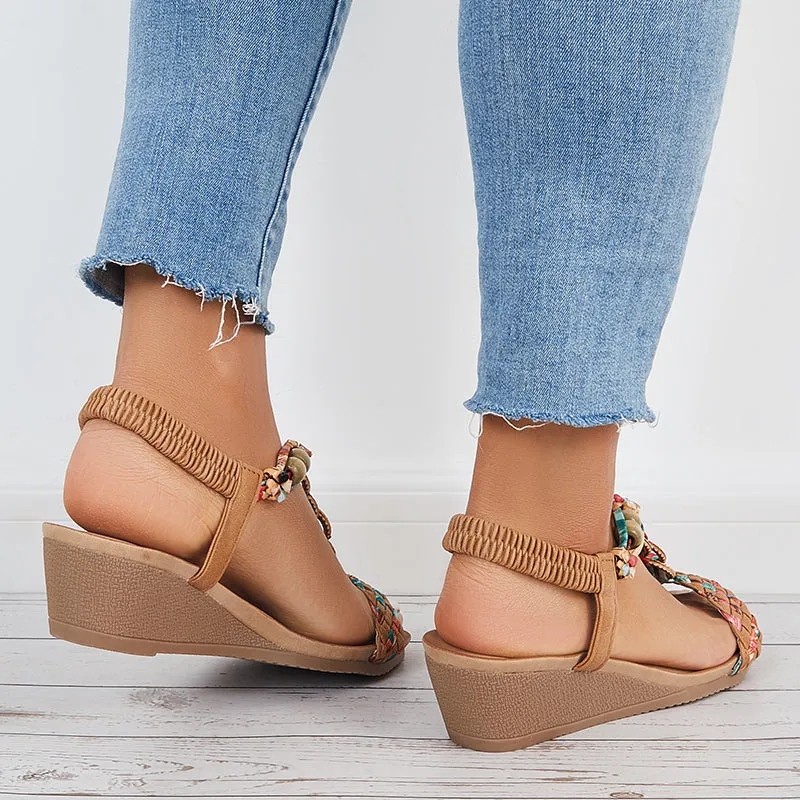 Sohiwoo Women Boho Low Wedge Heels Elastic Ankle Strap Dress Sandals